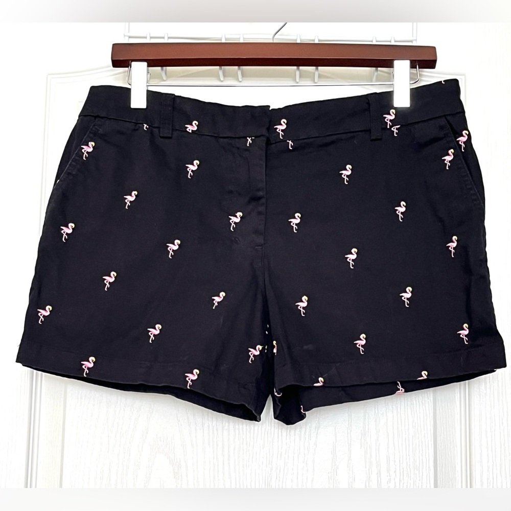 British Khaki Black Flamingo Embroidered Chino Shorts Sz 8 Coastal Prep Vacation